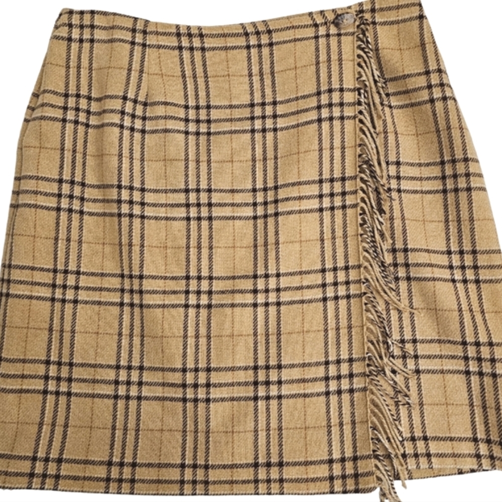 Vintage Sag Harbor Camel/Brown Plaid Fringed Wool Blend Faux Wrap Skirt